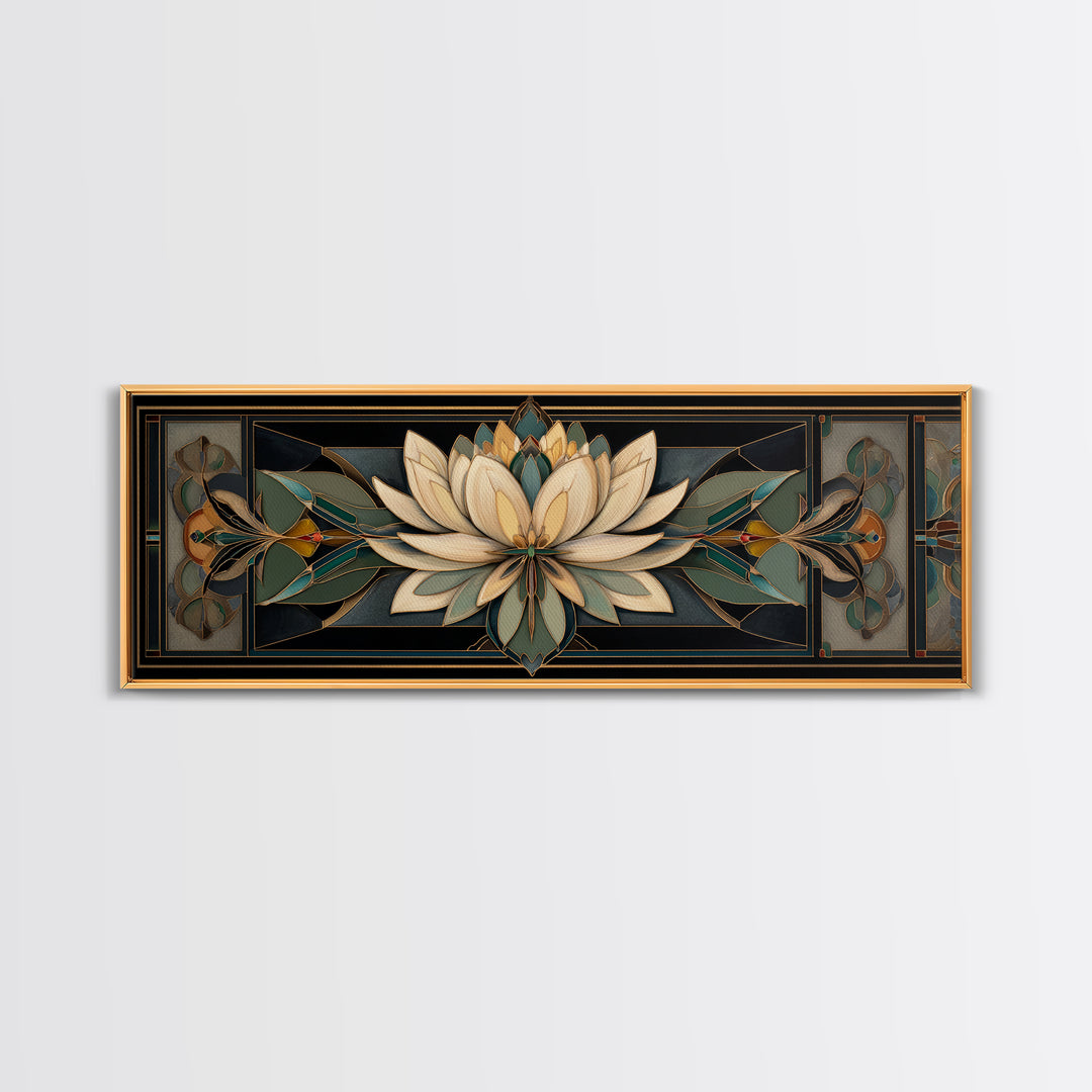 Geometric Lotus Flower Framed Canvas Print, Art Deco Art, Blue Wallpaper, Living Room Decor, Watercolor Art, Glamour, ADA-3x1-28