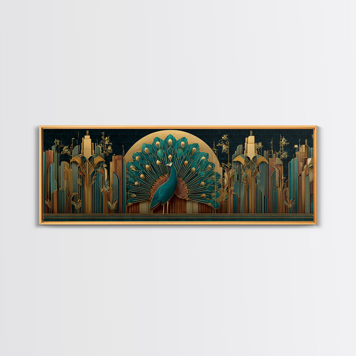 Sleek Peacock with Jeweled Feathers and Stepped Canvas Print, Art Deco Art, Living Room Decor, Abstract Art, Glamour, ADA-3x1-43