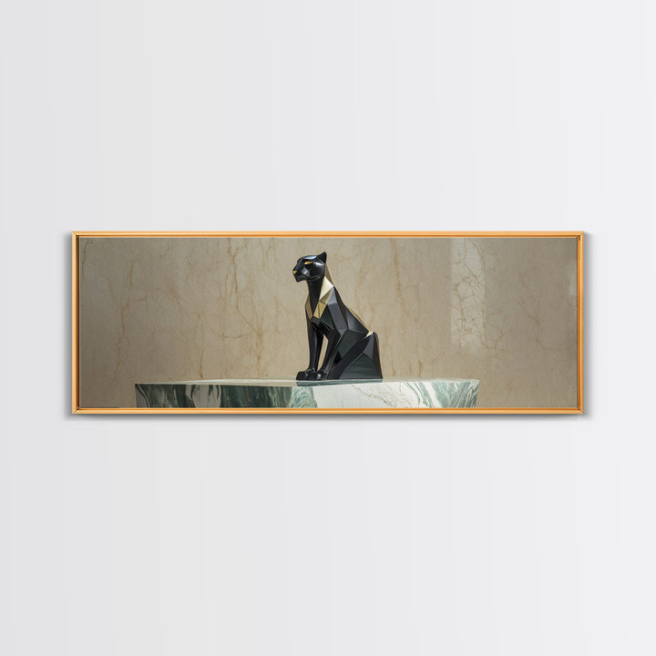 Black Panther Sculpture on a Marble Plinth Framed Canvas Print, Art Deco Art, Digital Art, Living Room Decor, Fine Art, Glamour, ADA-3x1-51