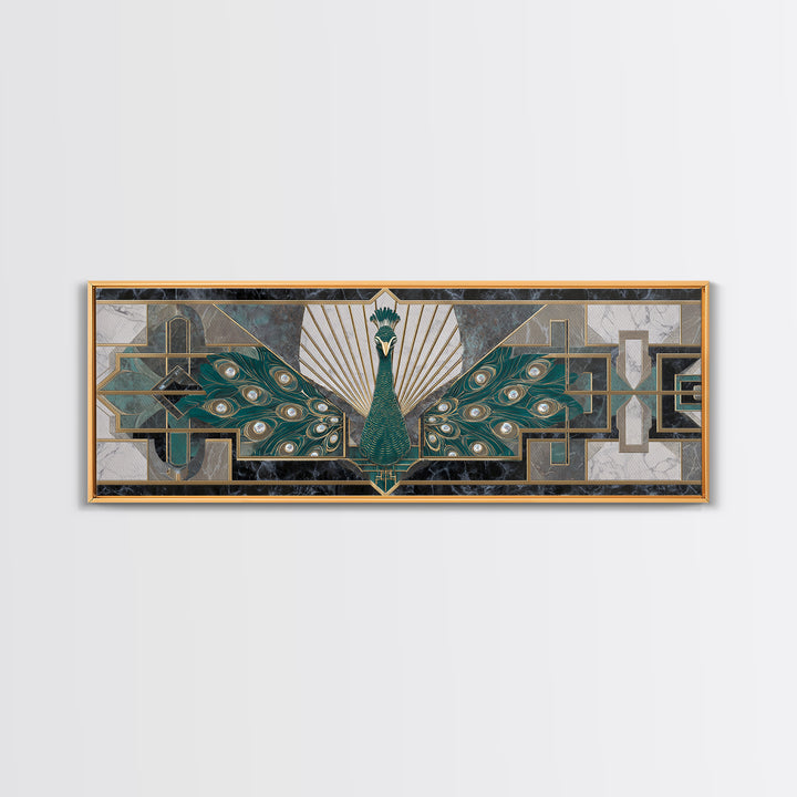 Sleek Peacock with Jeweled Feathers and Stepped Canvas Print, Art Deco Art, Mid Century Modern, Living Room Decor, Glamour, ADA-3x1-67
