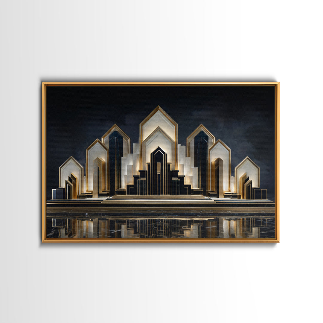 Stylized City Skyline Framed Canvas Print, Art Deco Art, Digital Print, Living Room Decor, Fine Art, Glamour, Downloadable Art, ADA-3x2-10