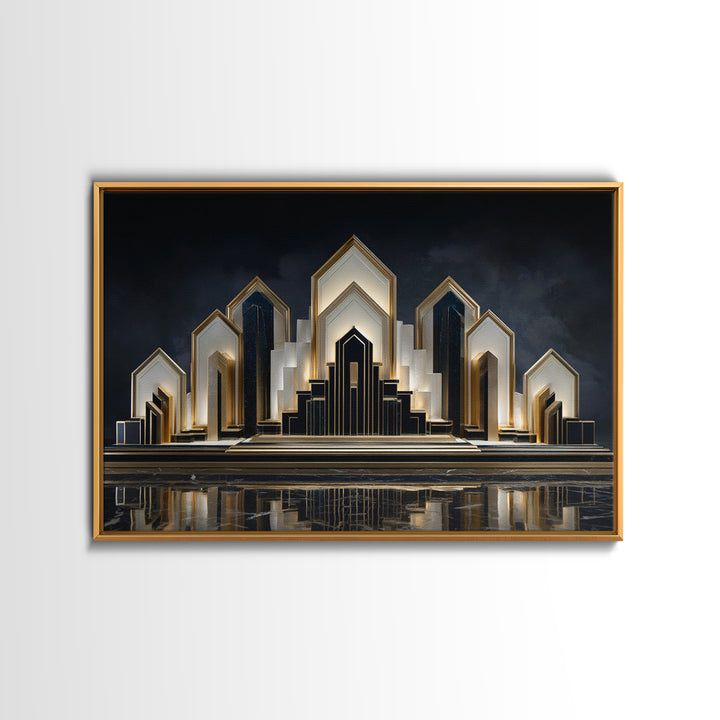 Stylized City Skyline Framed Canvas Print, Art Deco Art, Digital Print, Living Room Decor, Fine Art, Glamour, Downloadable Art, ADA-3x2-10