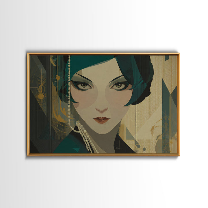 Flapper Portrait with Pearl Strands and Dramatic Canvas Print, Art Deco Art, Printable Art, Living Room Decor, Oil Painting, ADA-3x2-42