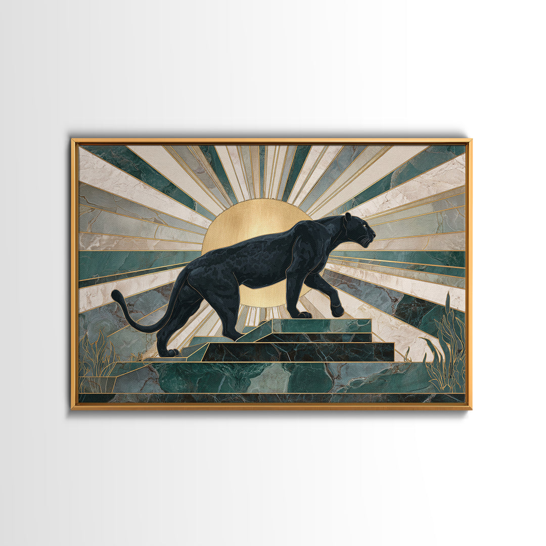 Black Panther Sculpture on a Marble Plinth Framed Canvas Print, Art Deco Art, Wall Art Print, Living Room Decor, Glamour, ADA-3x2-63