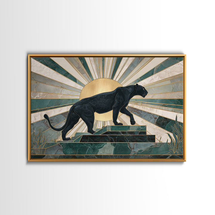 Black Panther Sculpture on a Marble Plinth Framed Canvas Print, Art Deco Art, Wall Art Print, Living Room Decor, Glamour, ADA-3x2-63