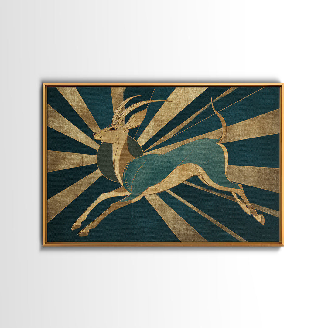 Stylized Gazelle Leaping Through Gold Rays Canvas Print, Art Deco Art, Downloadable Art, Living Room Decor, Glamour, Art Print, ADA-3x2-65