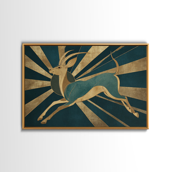 Stylized Gazelle Leaping Through Gold Rays Canvas Print, Art Deco Art, Downloadable Art, Living Room Decor, Glamour, Art Print, ADA-3x2-65