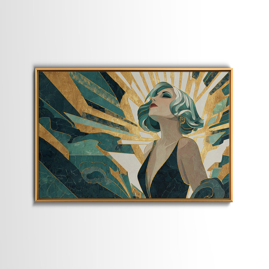 Moonlit Jazz Singer Framed by Gold Lines Canvas Print, Art Deco Art, Decor, Living Room Decor, Abstract Art, Glamour, ADA-3x2-75