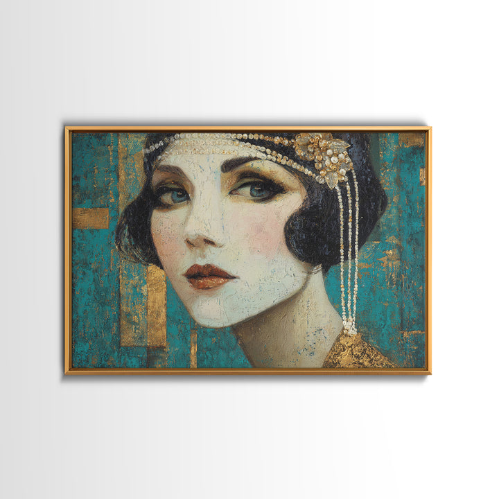 Flapper Portrait with Pearl Strands and Dramatic Canvas Print, Art Deco Art, Removable Wallpaper, Living Room Decor, Glamour, ADA-3x2-90