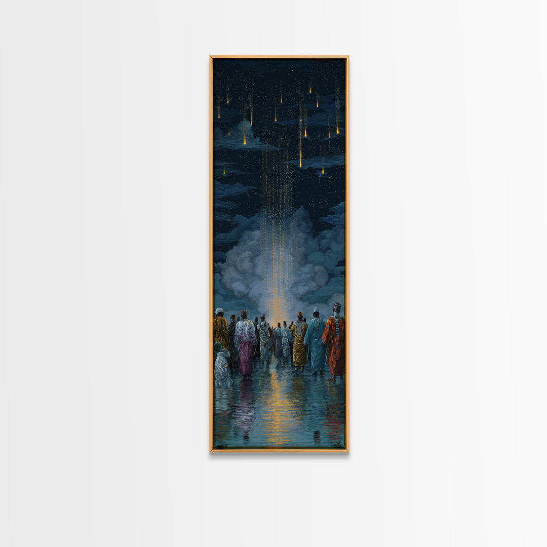 Robed Figures Watching Golden Light Rain From Clouds, Wall Art, Spiritual African Canvas Print, Mystical Home Decor Gift