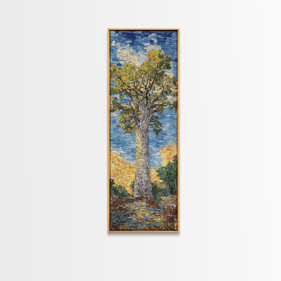 Impressionist Baobab Mosaic Path, African Wall Art, Blue Yellow Safari Landscape, Textured Decor, Premium Canvas Print Gift