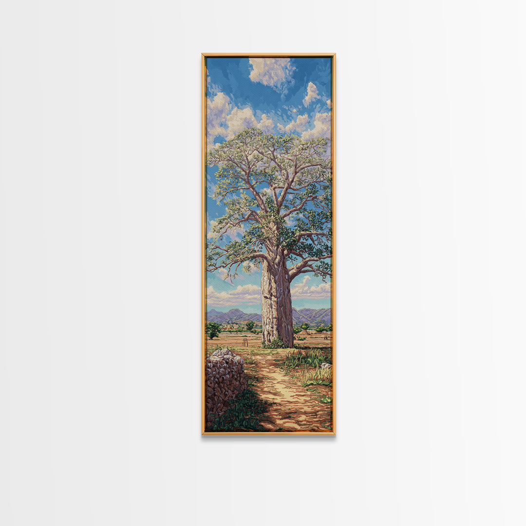 Sunlit Baobab Tree Landscape, African Wall Art, Safari Decor, Nature Scene Art, Blue Sky Framed Canvas Print Gift For Living Room