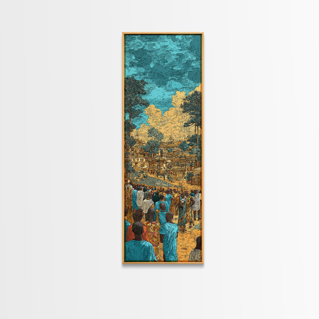 Bustling African Village Market, African Wall Art, Cultural Decor, West Africa Art, Turquoise Canvas Print Home Decor Gift