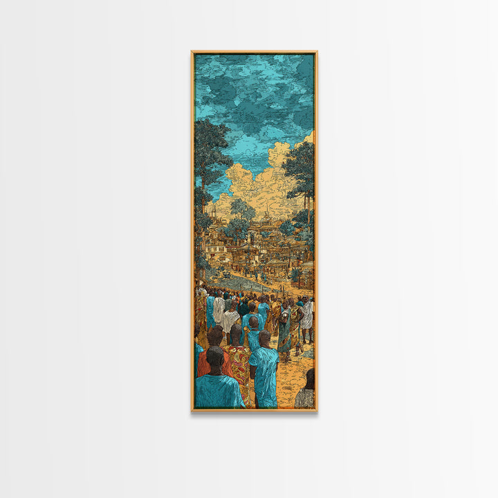 Bustling African Village Market, African Wall Art, Cultural Decor, West Africa Art, Turquoise Canvas Print Home Decor Gift