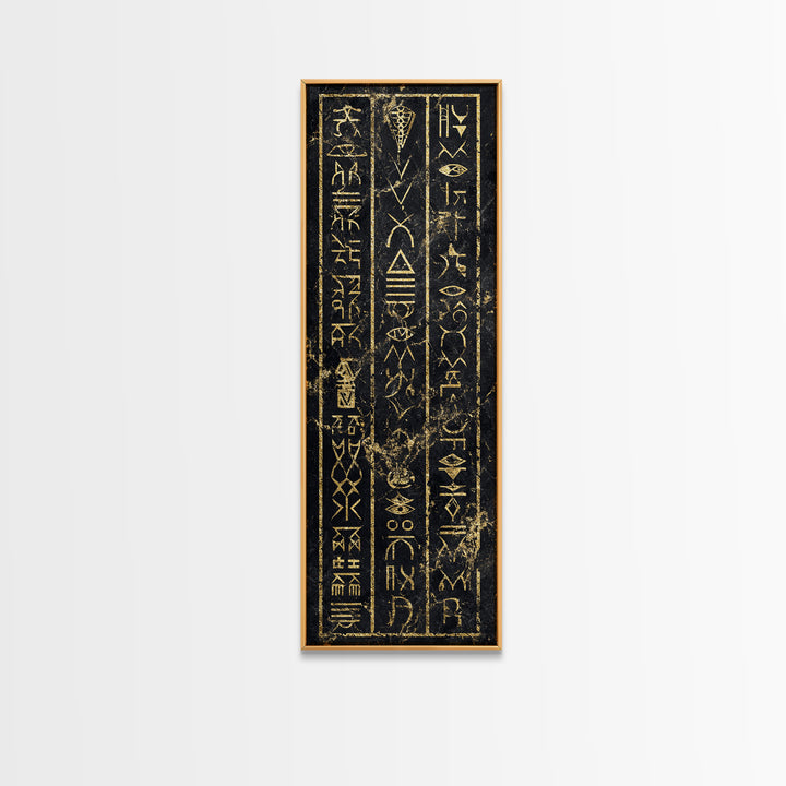 Gold Ancient African Glyphs On Black Wall Art, Tribal Hieroglyphic Canvas, Afrocentric Decor, Cultural Home Decor Gift For Living Room