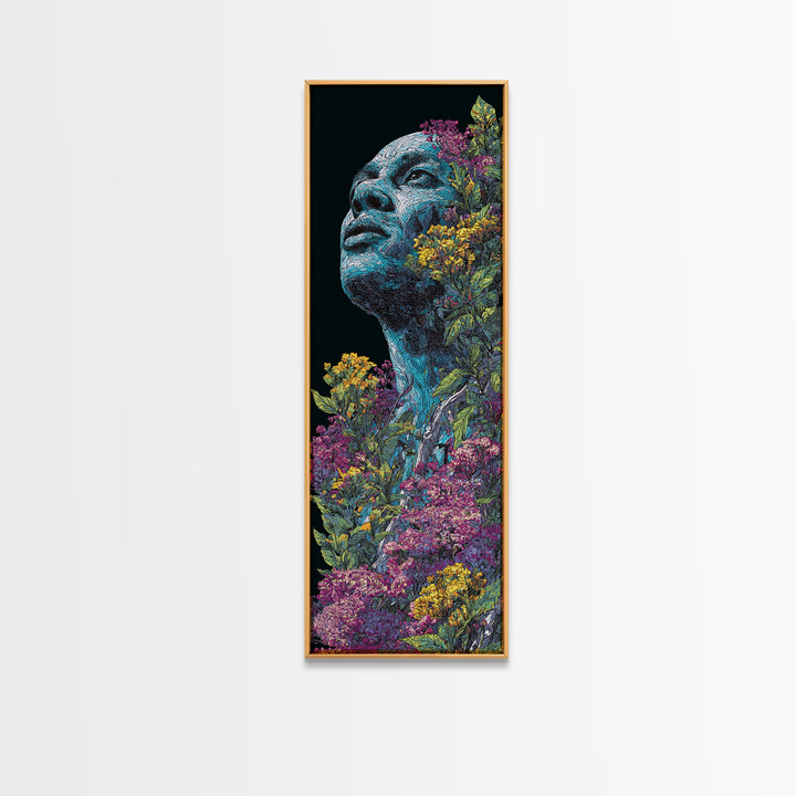 Blue Floral African Portrait Wall Art, Black Man Nature Canvas, Afrocentric Artwork, Contemporary Home Decor Gift For Living Room
