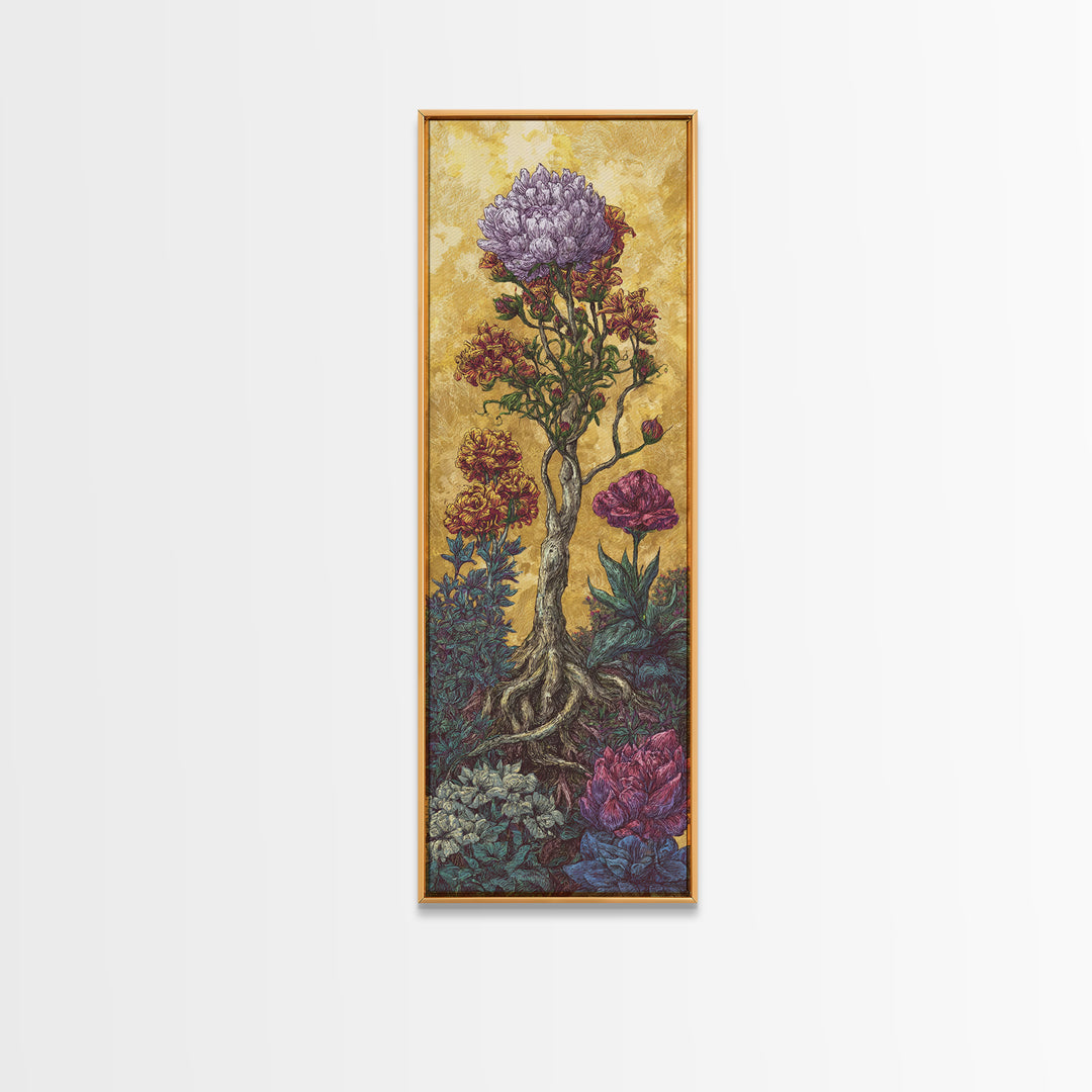 Golden Surreal African Flowering Tree Canvas Print, Botanical Wall Decor, Nature Scene Art, Elegant Home Decor Gift For Living Room