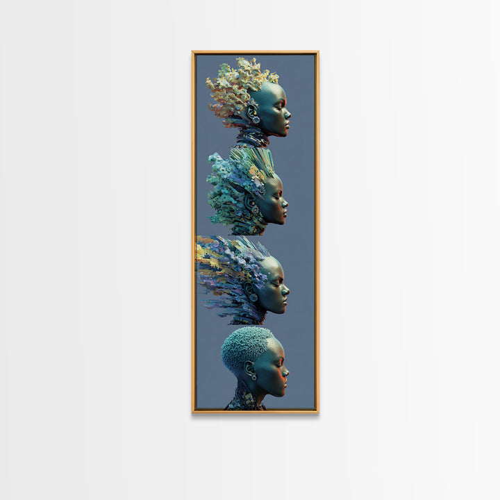 Four Blue African Women In Profile With Floral Hair Framed Canvas Print, Afrocentric Wall Art, Black Beauty Portrait Decor