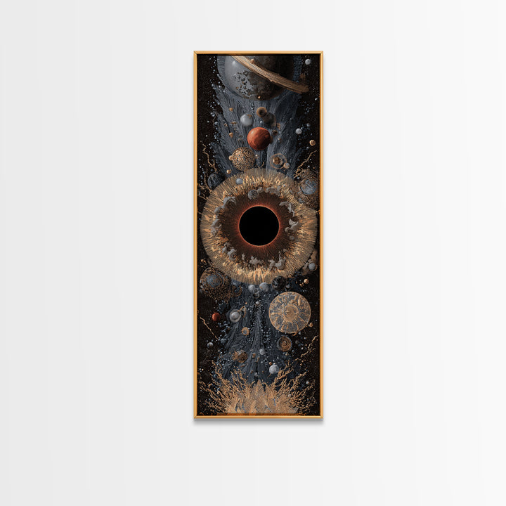 Cosmic Black Hole With Gold Planets And Textured Orbit Canvas Print, Abstract Wall Art, Modern Space Decor, Luxury Art Gift