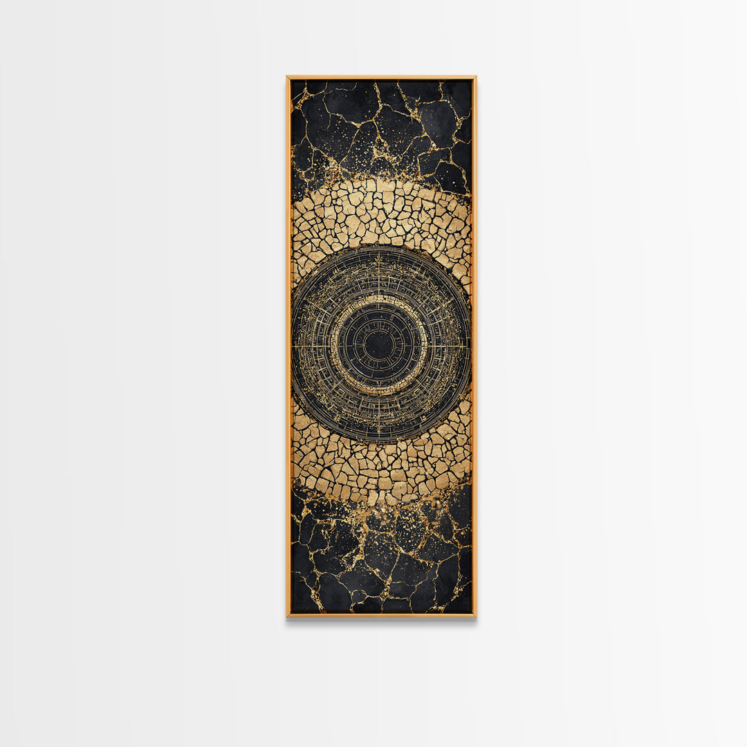 Cracked Gold Circular Mandala On Black Stone Wall Art, Geometric Canvas Print, African Inspired Decor, Bold Statement Gift