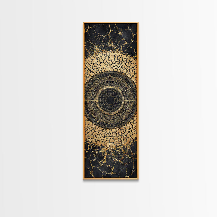 Cracked Gold Circular Mandala On Black Stone Wall Art, Geometric Canvas Print, African Inspired Decor, Bold Statement Gift