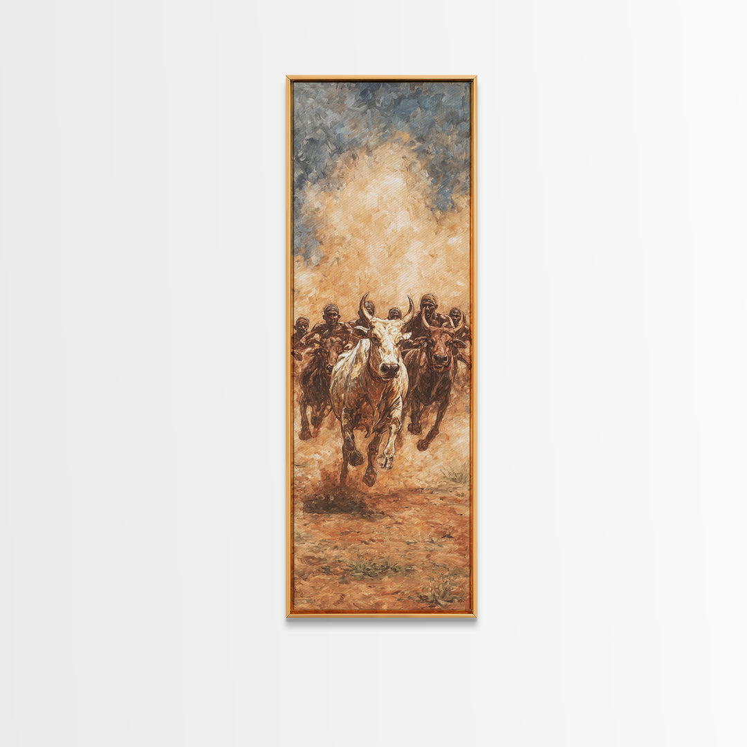 Dusty African Cattle Charge With Warriors Wall Art, Afrocentric Safari Painting, Tribal Culture Decor, Large Canvas Print