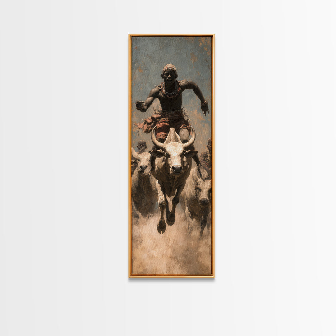 African Bull Rider Herding Cattle Framed Canvas Print, Warrior Portrait Wall Art, Afrocentric Safari Decor, Rustic Home Gift
