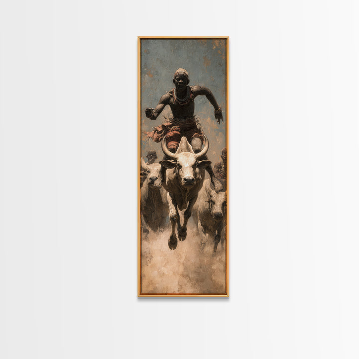 African Bull Rider Herding Cattle Framed Canvas Print, Warrior Portrait Wall Art, Afrocentric Safari Decor, Rustic Home Gift
