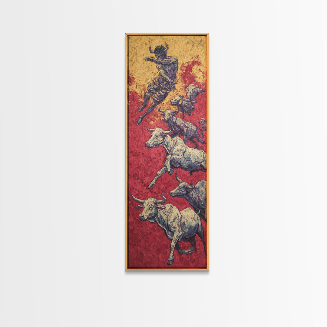 Leaping Bull Rider Over White Cattle Wall Art, African Warrior Art Canvas Print, Red Ochre Safari Decor, Bold Ethnic Gift