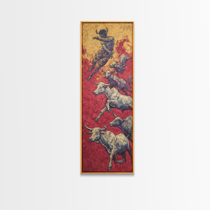 Leaping Bull Rider Over White Cattle Wall Art, African Warrior Art Canvas Print, Red Ochre Safari Decor, Bold Ethnic Gift