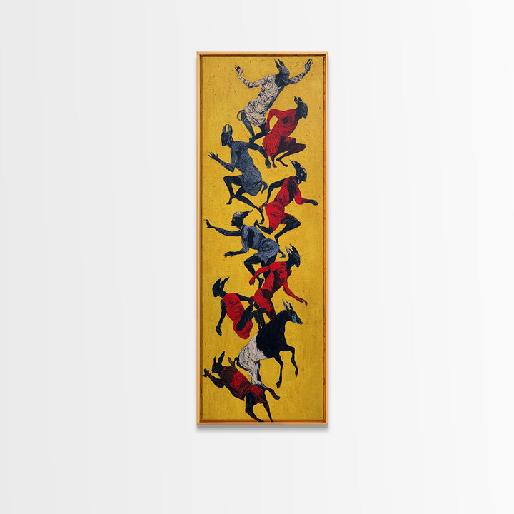 Yellow Abstract Dancers And Goats Canvas Print, African Tribal Art Wall Art, Red Black Ethnic Decor, Modern Culture Gift