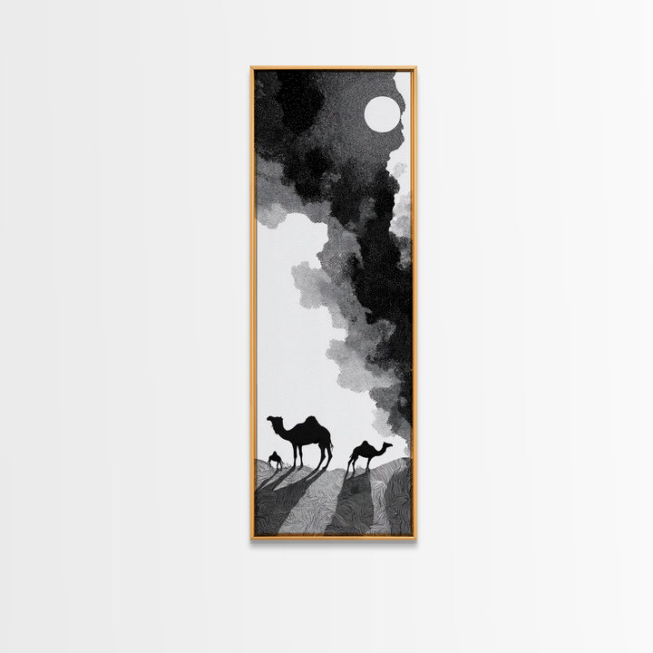 Black And White Desert Camels Under Sun Wall Art, African Landscape Canvas Print, Minimalist Safari Decor, Boho Travel Gift