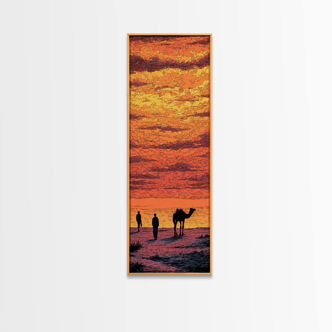 Orange Sahara Sunset With Camel Silhouettes Canvas Print, African Landscape Wall Art, Desert Travel Decor, Warm Boho Gift