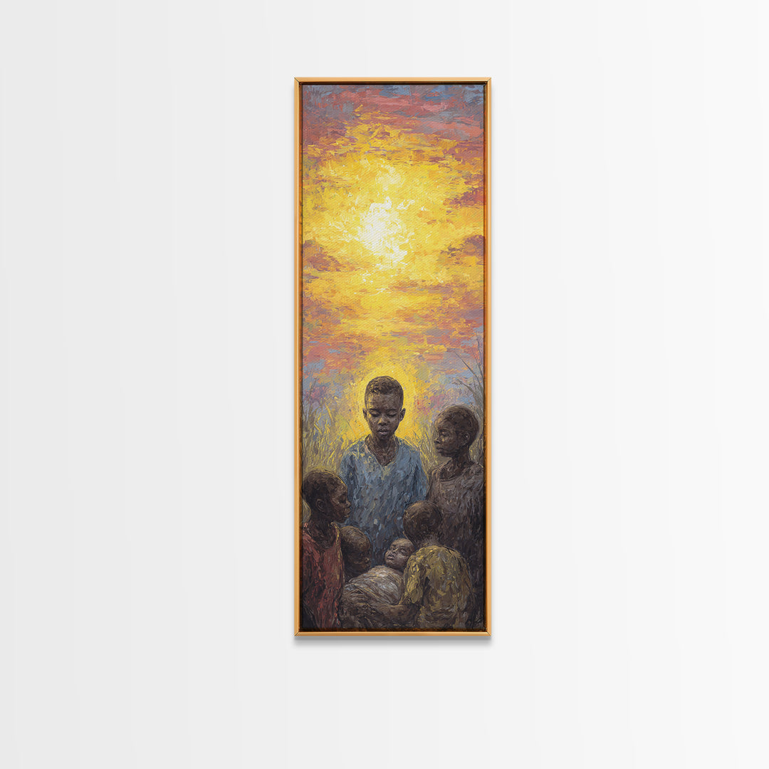 African Children Gathered In Golden Sunset Wall Art, Black Family Art, Motherland Portrait, Warm Cultural Home Decor Gift