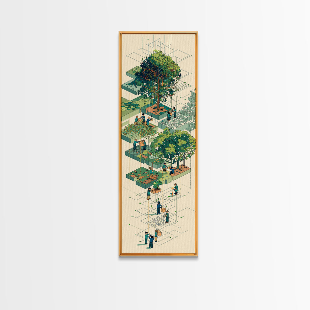Isometric Urban Garden And Big Tree Wall Art, Community Park Illustration, Modern Green Home Decor, Unique Canvas Gift For Office