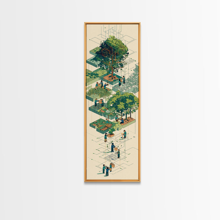 Isometric Urban Garden And Big Tree Wall Art, Community Park Illustration, Modern Green Home Decor, Unique Canvas Gift For Office