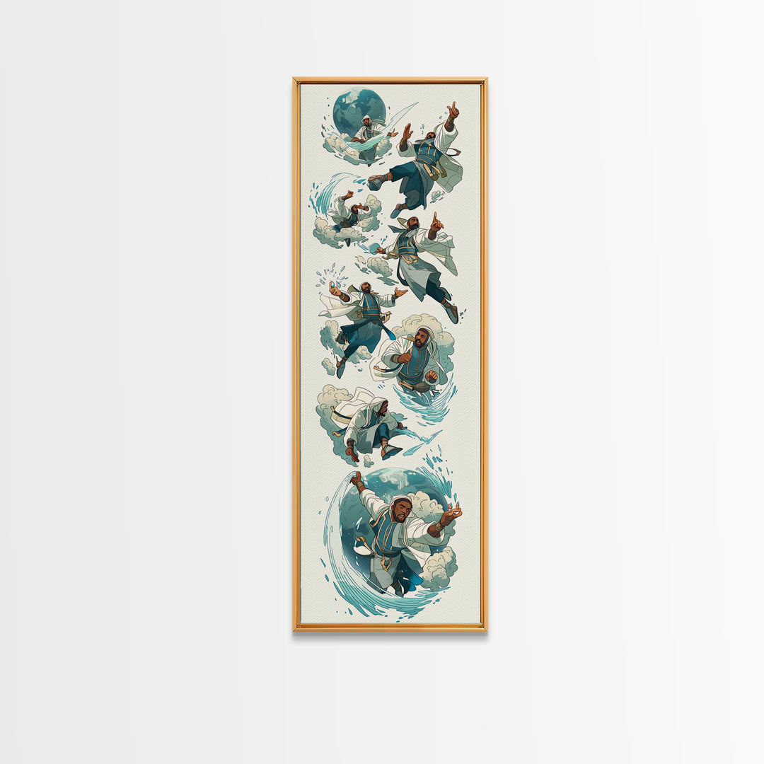 Whimsical Martial Artist Canvas Print, Water And Wind Adventure Art, Playful Fantasy Wall Decor, Unique Kids Room Art Gift