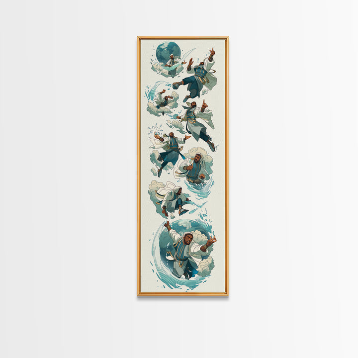 Whimsical Martial Artist Canvas Print, Water And Wind Adventure Art, Playful Fantasy Wall Decor, Unique Kids Room Art Gift