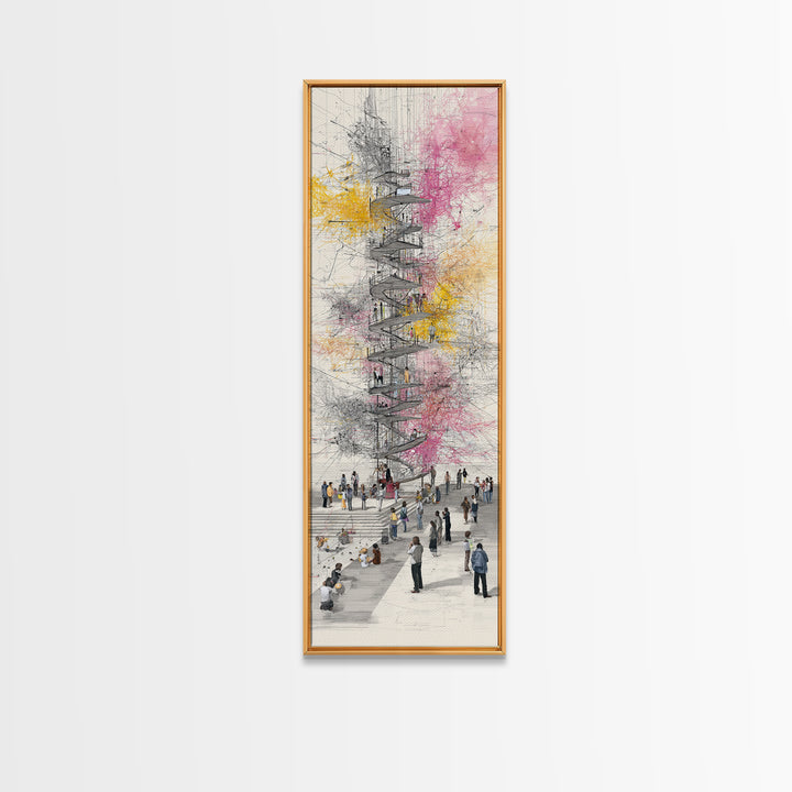 Spiral Tower In Blooming City Framed Canvas Print, Architectural Wall Art, Urban People Scene, Modern Office Decor Gift For Him