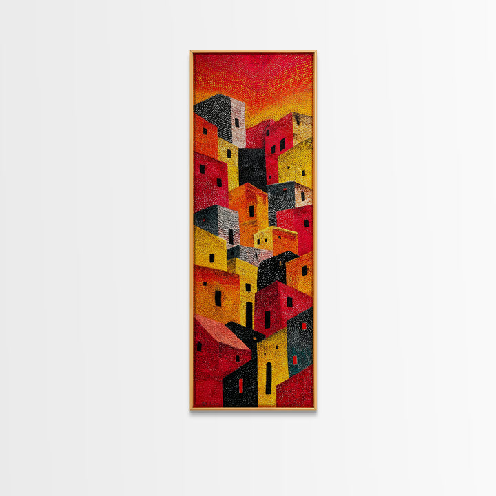 Bold Sunlit Geometric Village Wall Art, African Inspired Decor, Colorful Abstract Painting, Modern Boho Canvas Print Gift