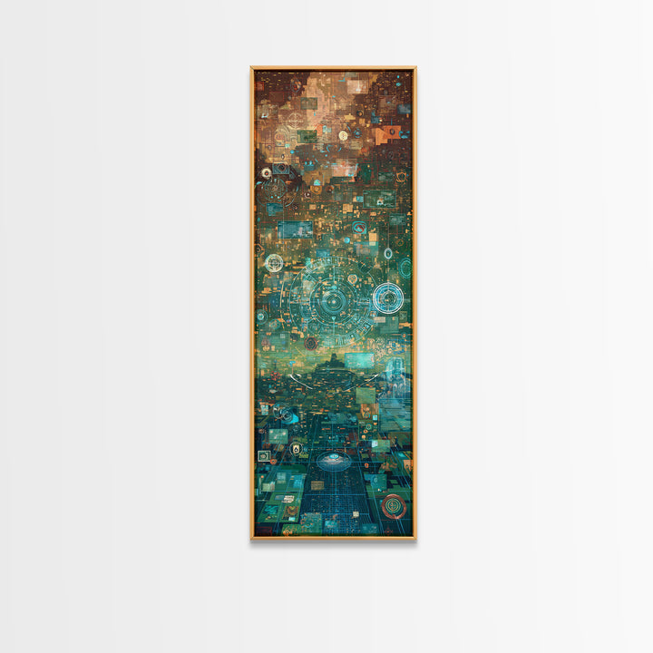 Futuristic Teal Gold Circuit City Wall Art, Afrofuturism Decor, Abstract African Art Print, Modern Canvas Office Decor Gift