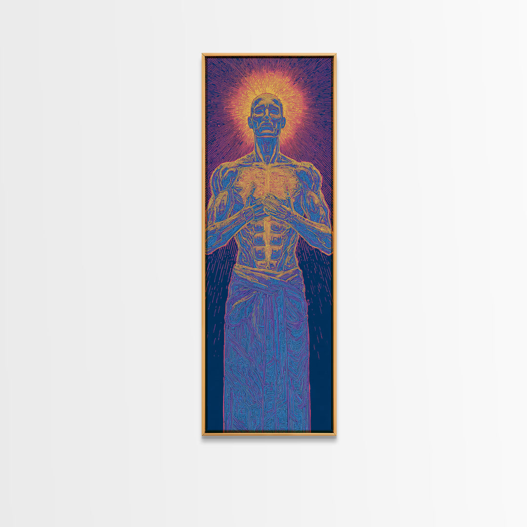 Glowing Anatomical Prayer Male Energy Figure Canvas Print, Spiritual Wall Art, Abstract Black Art, Meditation Room Decor Gift