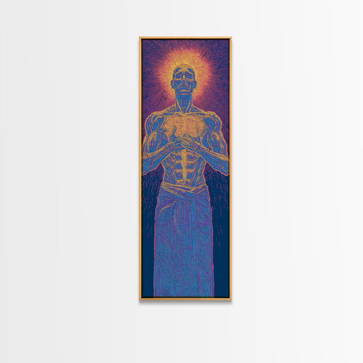 Glowing Anatomical Prayer Male Energy Figure Canvas Print, Spiritual Wall Art, Abstract Black Art, Meditation Room Decor Gift