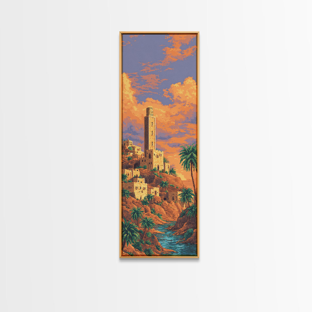 Sunset Desert Tower Oasis Canvas Print, African Landscape Wall Decor, Moroccan Travel Poster, Palm Tree Boho Home Decor Gift