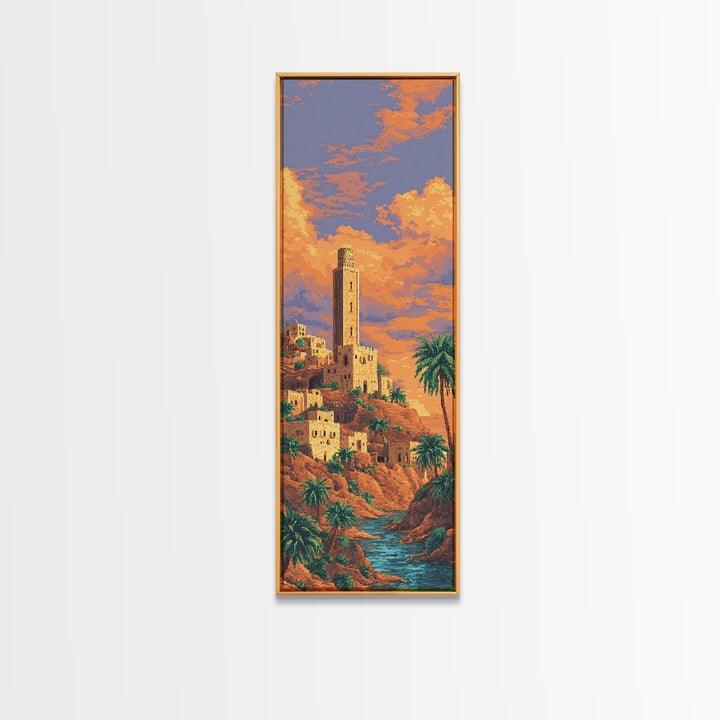 Sunset Desert Tower Oasis Canvas Print, African Landscape Wall Decor, Moroccan Travel Poster, Palm Tree Boho Home Decor Gift