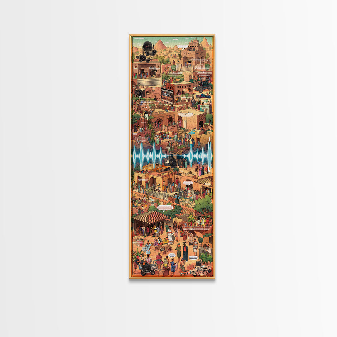 Bustling African Market City Wall Art, Pixel Style Cultural Canvas Decor, Afrocentric Travel Poster, Vibrant Statement Print