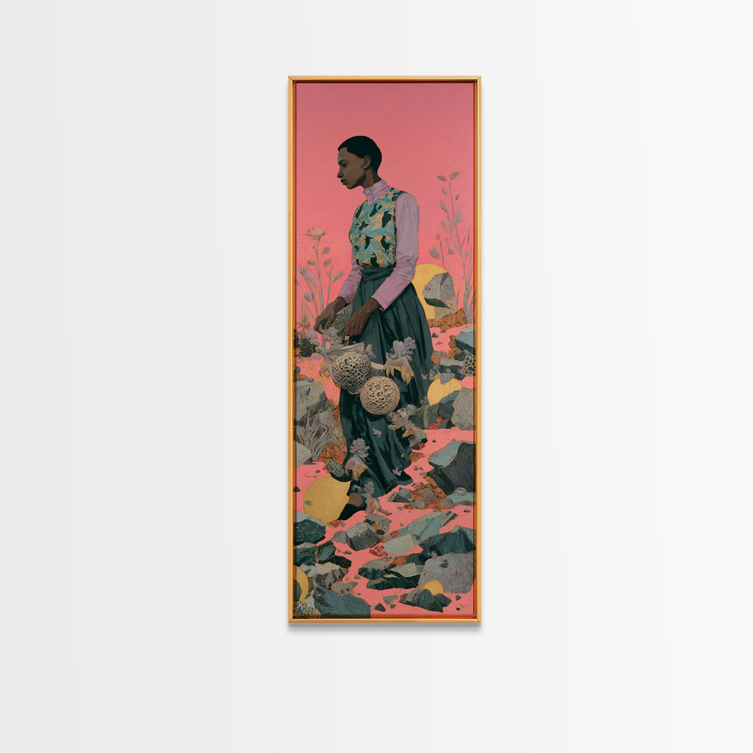 Elegant Black Woman In Floral Garden Framed Canvas Print, African Woman Art, Feminine Wall Decor, Melanin Portrait Gift For Her