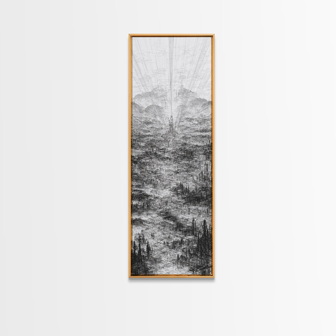 Monochrome Futuristic City Spire Canvas Print, Abstract Urban Architecture Wall Decor, Minimalist Black And White Art Poster