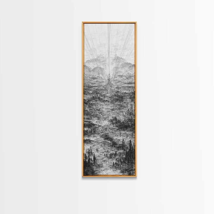 Monochrome Futuristic City Spire Canvas Print, Abstract Urban Architecture Wall Decor, Minimalist Black And White Art Poster