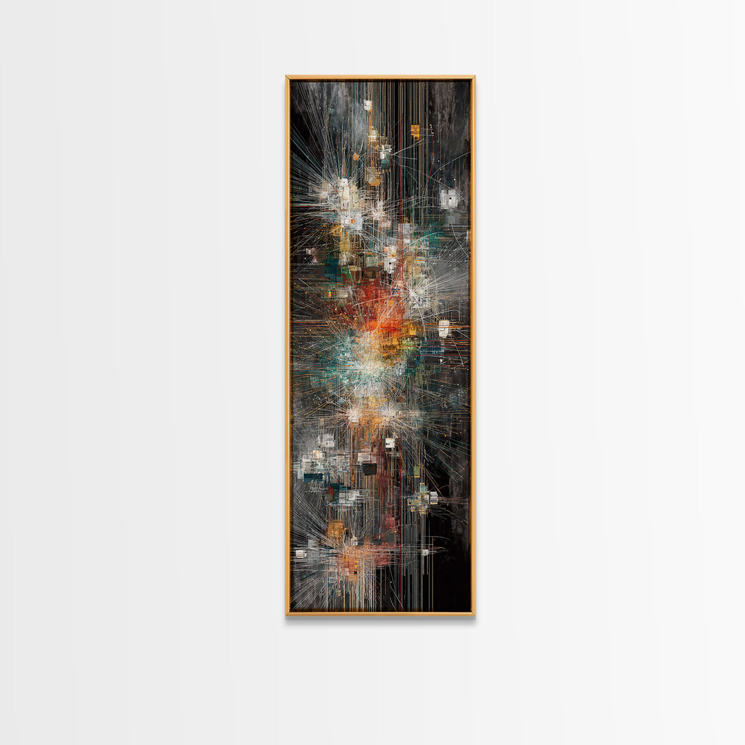 Dark Futuristic City Lights Framed Canvas Print, Abstract Urban Wall Art, Modern Black Gold Teal Statement Decor For Living Room